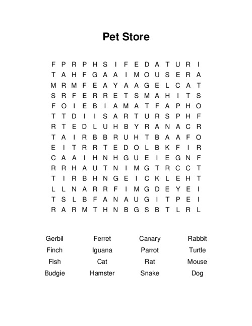 Pet Store Word Search Puzzle