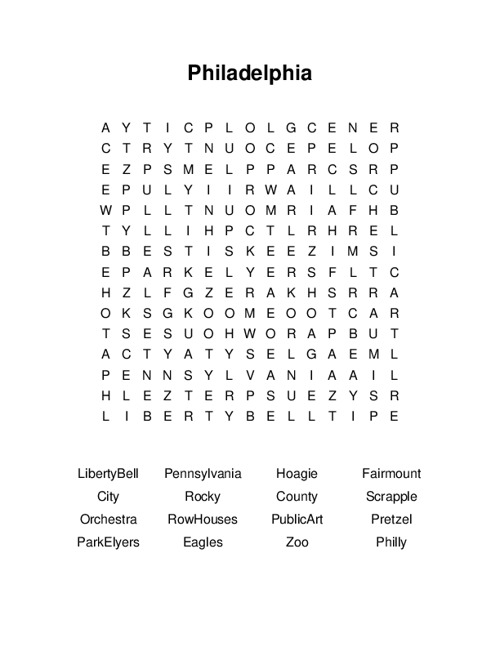 Philadelphia Word Search Puzzle