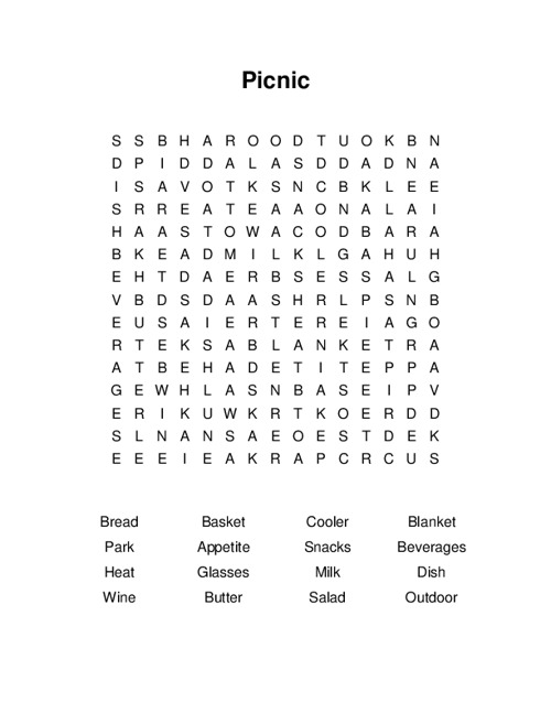 Picnic Word Search Puzzle