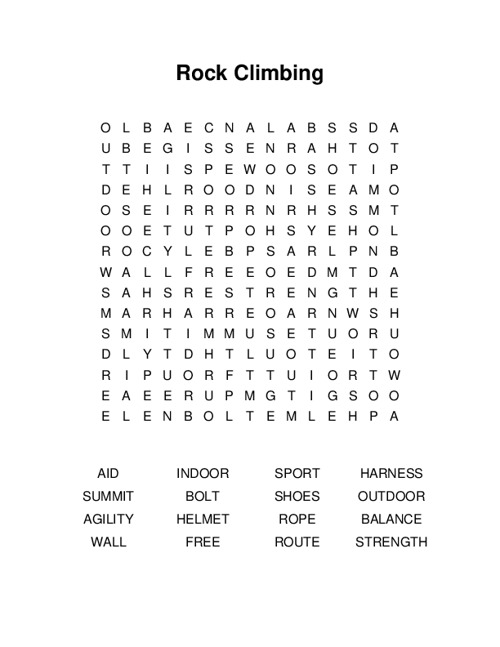 Rock Climbing Word Search Puzzle