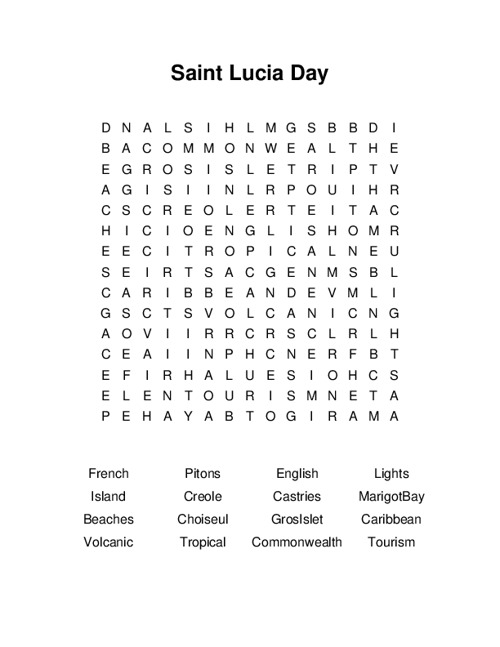Saint Lucia Day Word Search Puzzle
