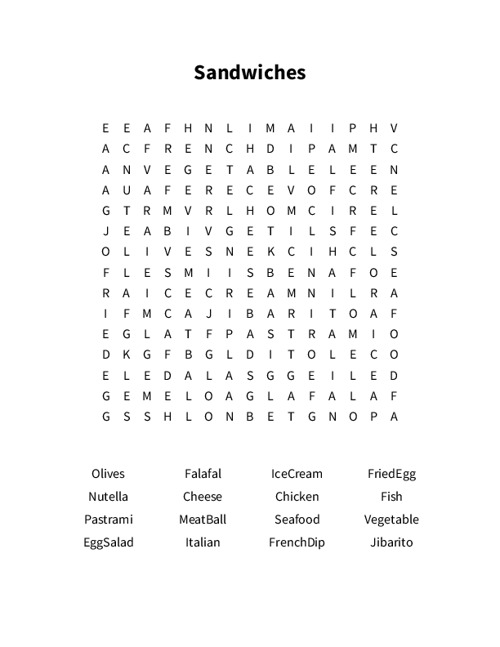 Sandwiches Word Search Puzzle