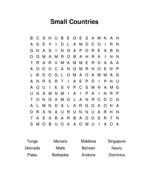 Small Countries Word Search Puzzle