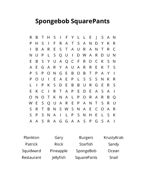 Spongebob SquarePants Word Search Puzzle