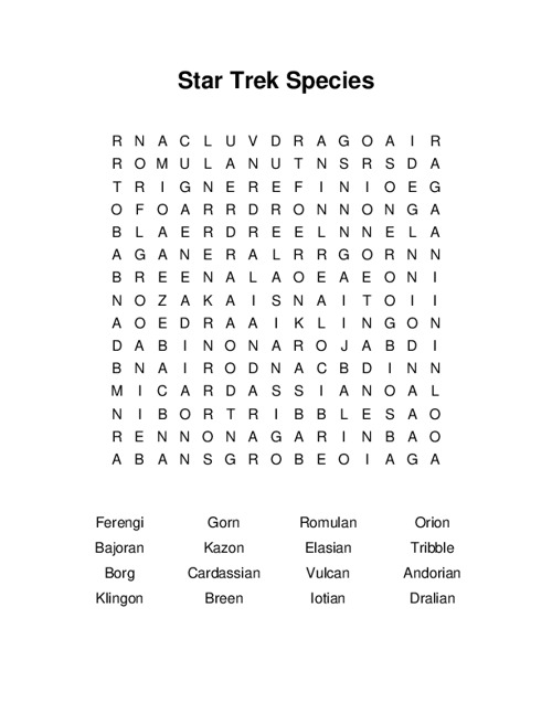 Star Trek Species Word Search Puzzle