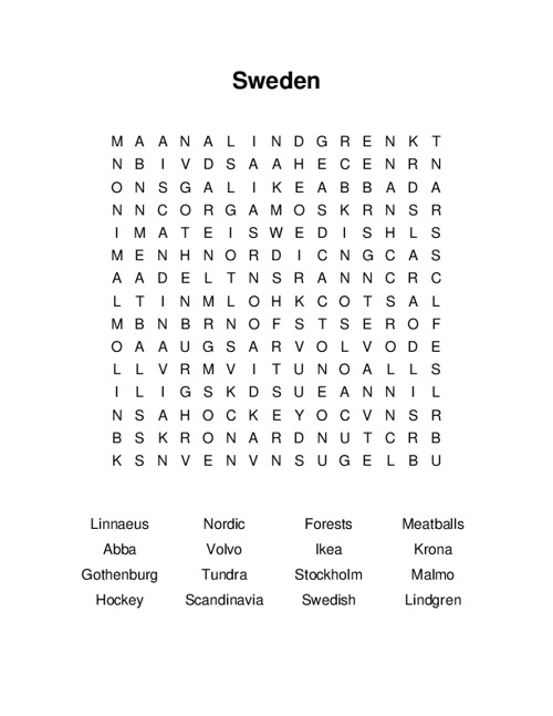 Sweden Word Search Puzzle