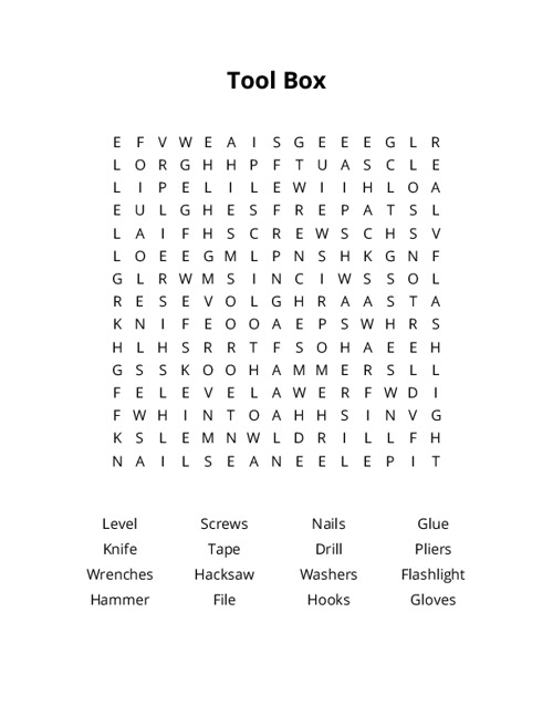 Tool Box Word Search Puzzle
