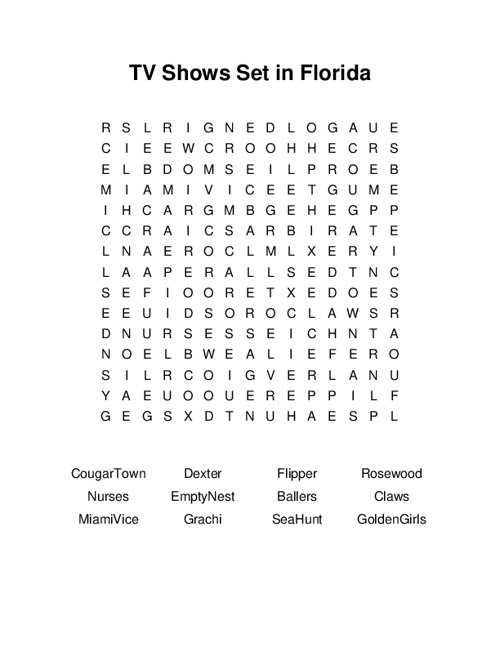 TV Shows Set in Florida Word Search Puzzle
