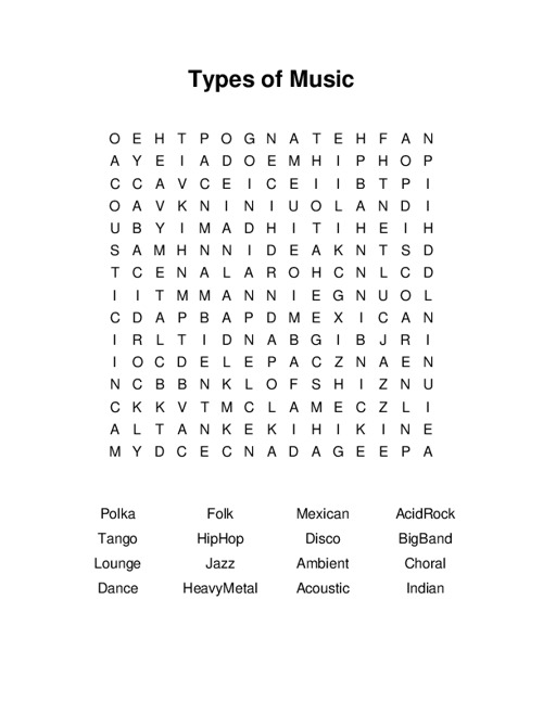 Types of Music Word Search Puzzle