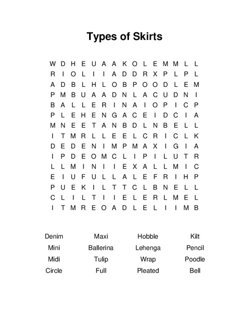 Types of Skirts Word Search Puzzle