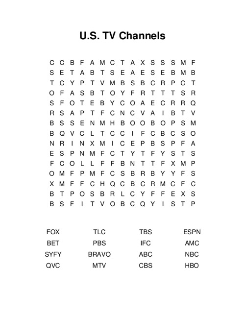 U.S. TV Channels Word Search Puzzle