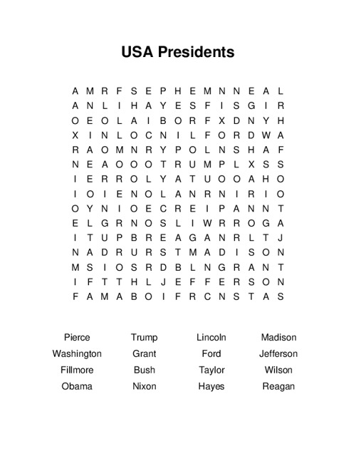 USA Presidents Word Search Puzzle
