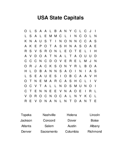 USA State Capitals Word Search