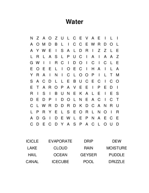Water Word Search Puzzle