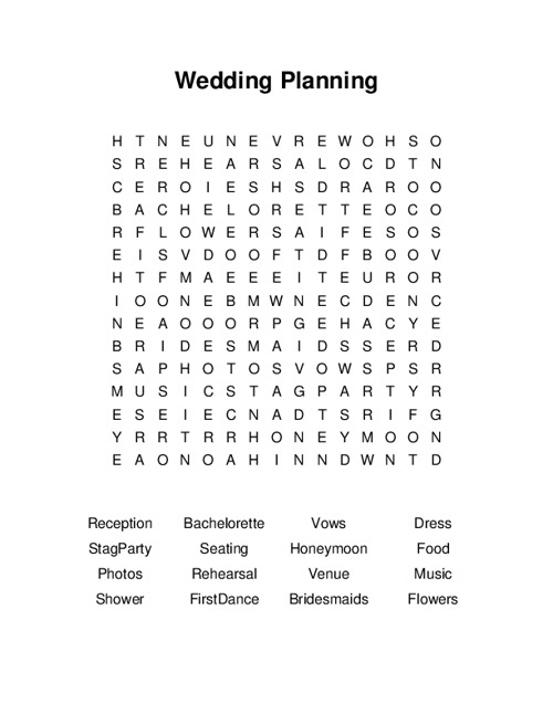 Wedding Planning Word Search Puzzle