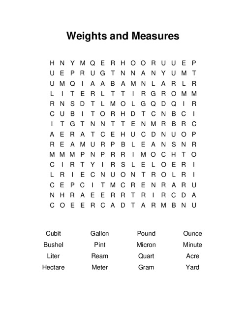 Weights and Measures Word Search Puzzle