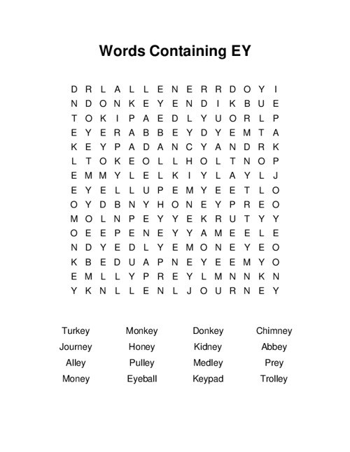 Words Containing EY Word Search Puzzle