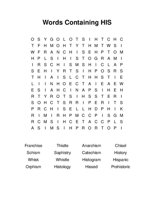Words Containing HIS Word Search Puzzle