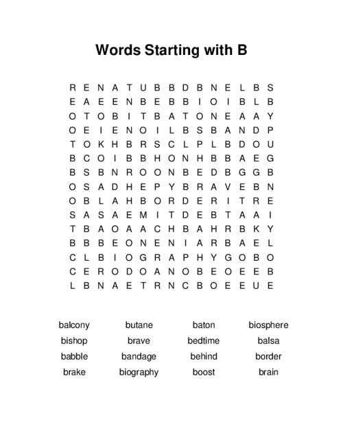 Word Search - Words That Start with B - Five Words