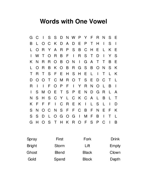 Words with One Vowel Word Search Puzzle