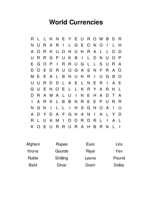 World Currencies Word Search Puzzle