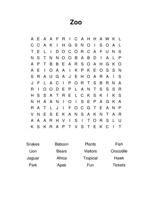 Zoo Word Search Puzzle
