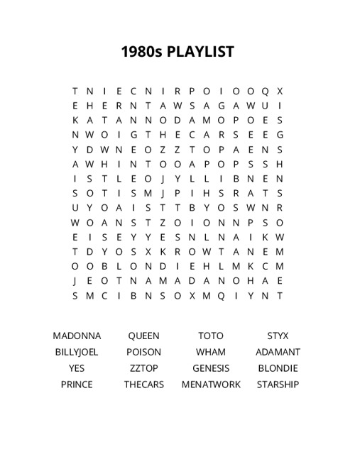 1980s PLAYLIST Word Search Puzzle