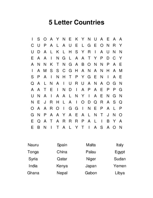 5 Letter Countries Word Search Puzzle
