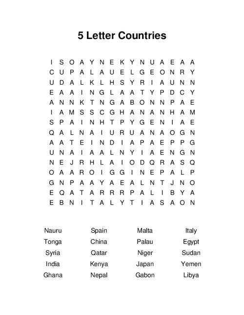 5 Letter Countries Word Search