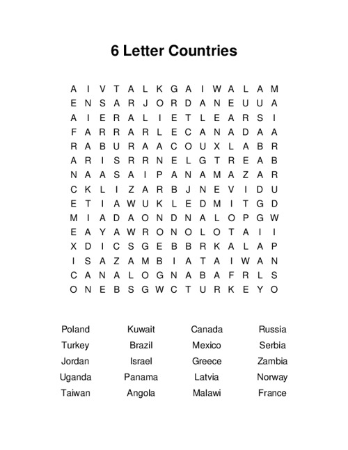 6 Letter Countries Word Search Puzzle