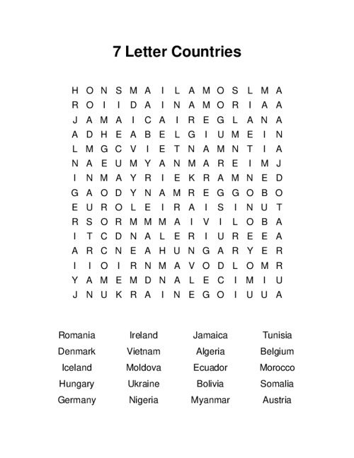 7 Letter Countries Word Search Puzzle