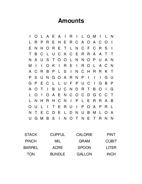 Amounts Word Search Puzzle