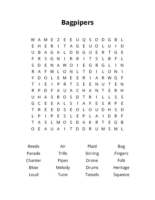 Bagpipers Word Search Puzzle