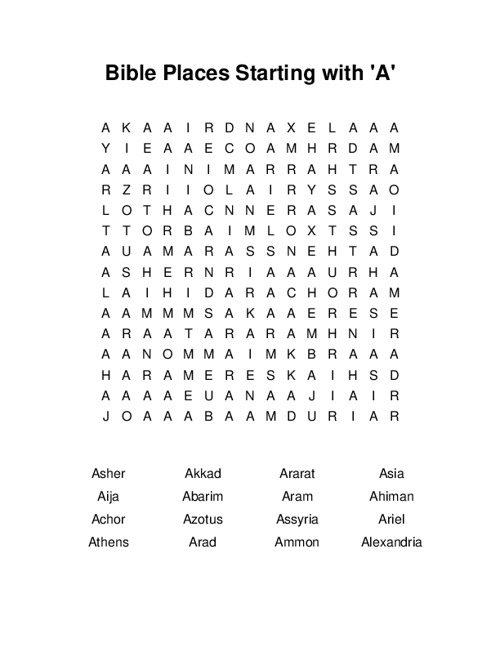 Bible Places Starting with A Word Search Puzzle