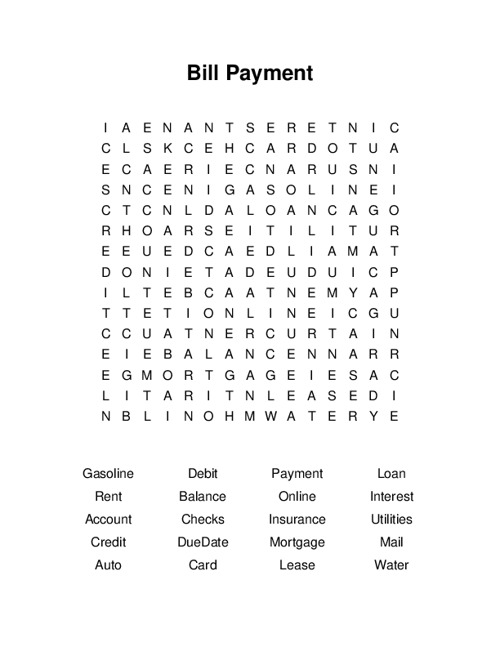 Bill Payment Word Search Puzzle