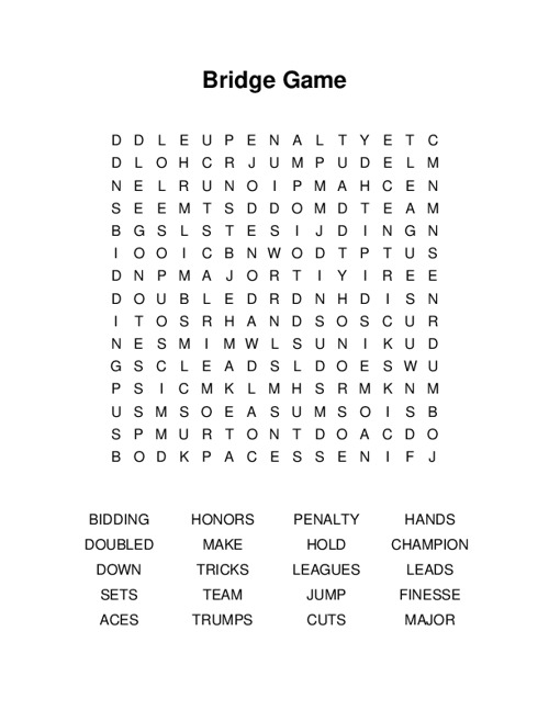 Bridge Game Word Search Puzzle