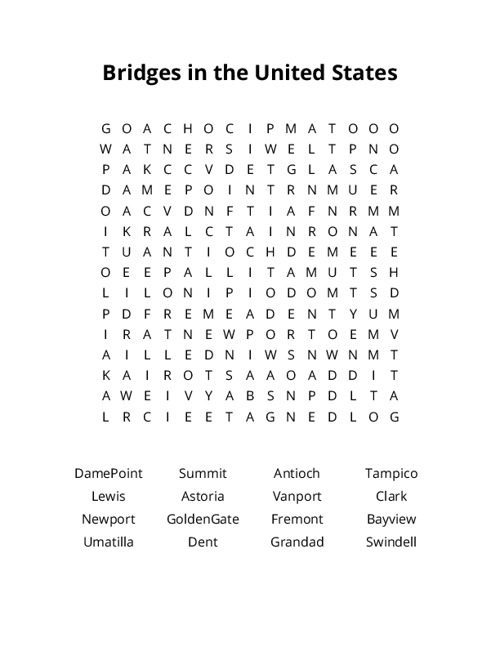 Bridges in the United States Word Search Puzzle