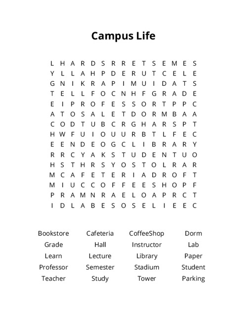 Campus Life Word Search Puzzle