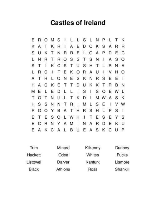 Castles of Ireland Word Search Puzzle