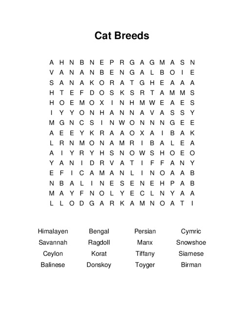 Cat Breeds Word Search Puzzle