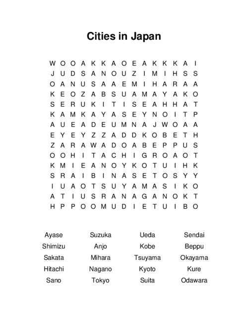 Cities in Japan Word Search Puzzle