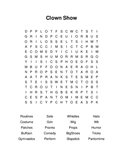 Clown Show Word Search Puzzle