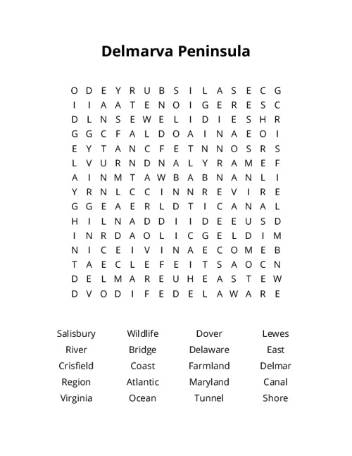 Delmarva Peninsula Word Search Puzzle