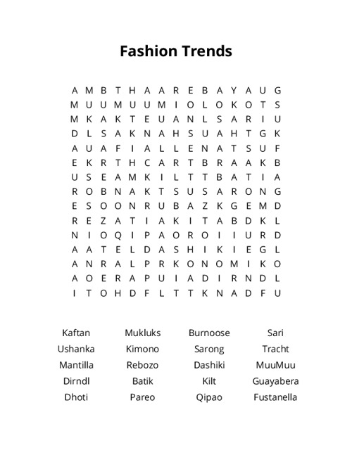 Fashion Trends Word Search Puzzle