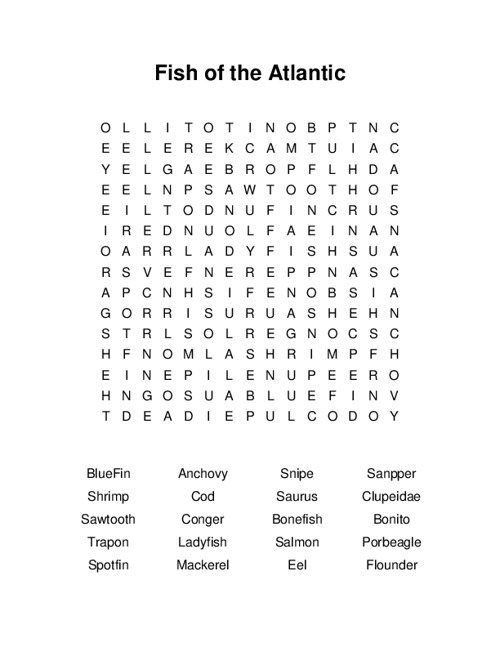 Fish of the Atlantic Word Search Puzzle