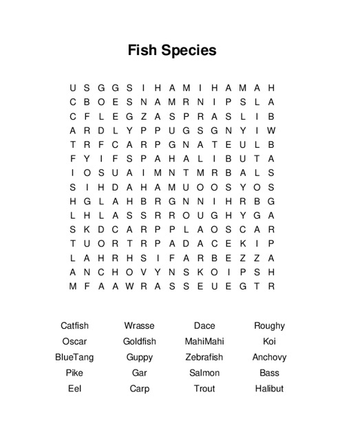 Fish Species Word Search Puzzle