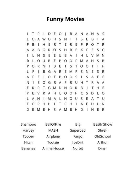 Funny Movies Word Search Puzzle