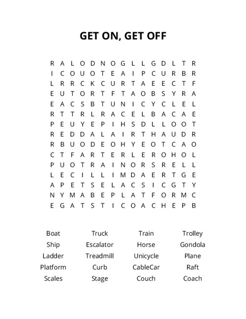GET ON, GET OFF Word Search Puzzle