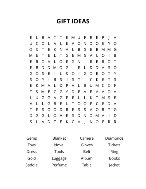 GIFT IDEAS Word Search Puzzle
