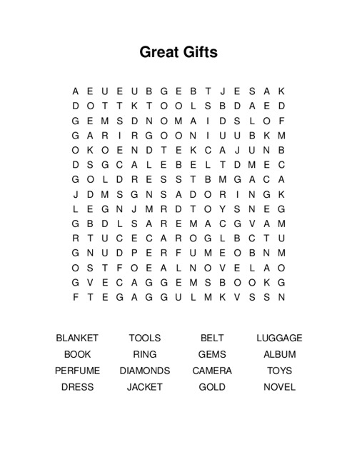 Great Gifts Word Search Puzzle